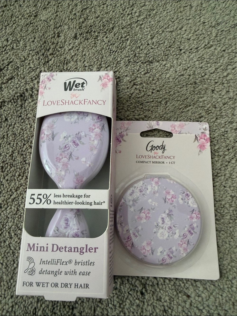 LoveShackFancy Lavender Floral Mini Detangler & Goody Compact Mirror